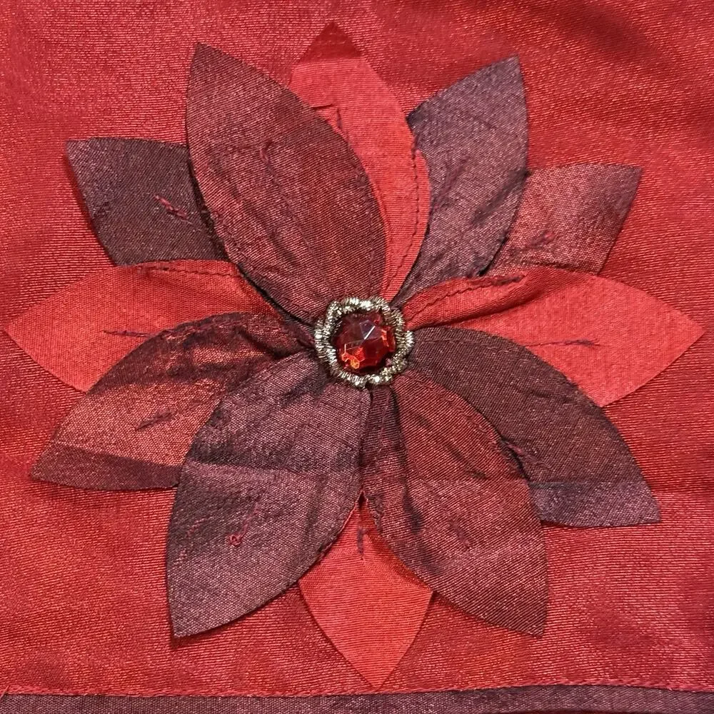 VTG Poinsettia Burgundy Red Christmas Stocking Metallic Thread Nylon Rhinestone